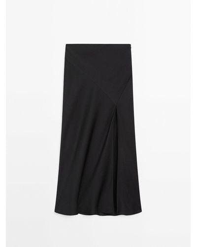 MASSIMO DUTTI Bias-Cut Textured Midi Skirt With Split Detail - Black