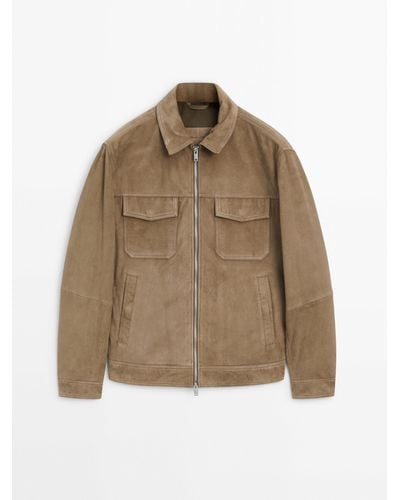 MASSIMO DUTTI Suede Leather Trucker Jacket - Natural