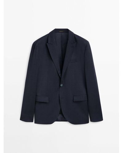 MASSIMO DUTTI Blue Windowpane Check Wool Suit Blazer