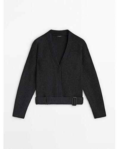 MASSIMO DUTTI Wool Blend Knit Cardigan With Belt Detail - Black