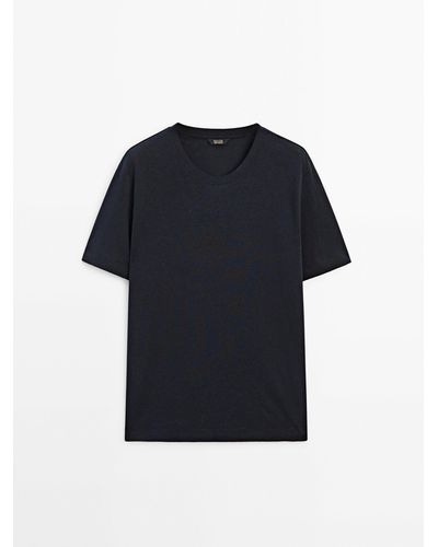 MASSIMO DUTTI Short Sleeve Linen And Cotton Blend T-Shirt - Blue