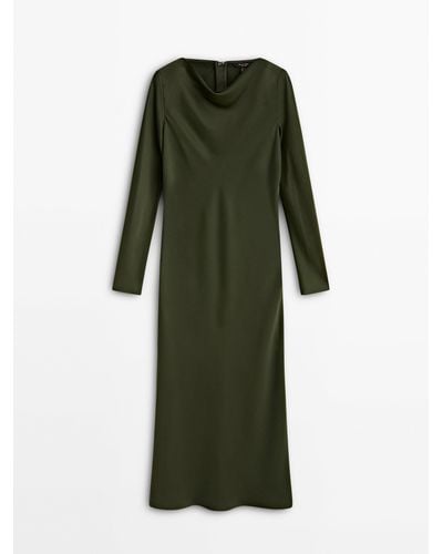 MASSIMO DUTTI Long Sleeve Satin Dress - Green