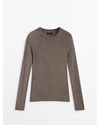 MASSIMO DUTTI Crew Neck Ribbed Knit Sweater - Brown