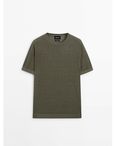 MASSIMO DUTTI Knit Short Sleeve Linen Sweater - Green