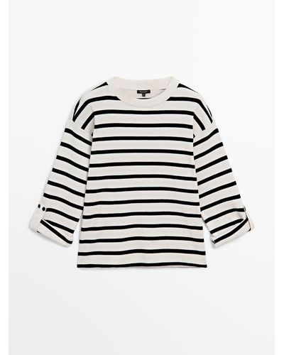 MASSIMO DUTTI Striped Ribbed Sweatshirt With Button-Tab Sleeves - White