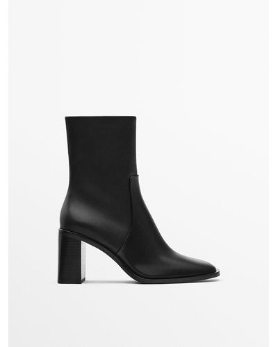 MASSIMO DUTTI Leather Ankle Boots With Block Heels - Black