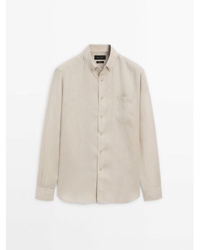 MASSIMO DUTTI 100% Linen Shirt With Pocket - White