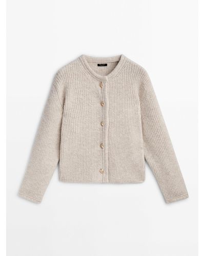 MASSIMO DUTTI Knit Cardigan With Button Detail - Natural