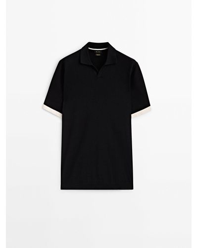MASSIMO DUTTI Contrast Short Sleeve Polo Sweater - Black