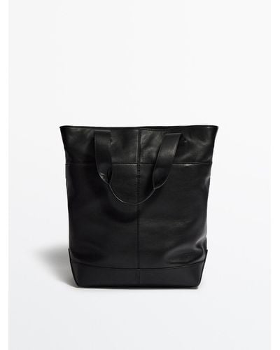 MASSIMO DUTTI Black Leather Tote Bag - Studio