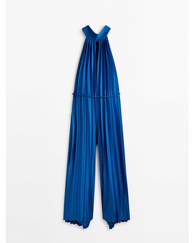 MASSIMO DUTTI Pleated Halter Jumpsuit With Tied Back - Studio - Blue