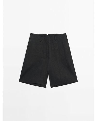 MASSIMO DUTTI 100% Linen Bermuda Shorts With Buckles - White