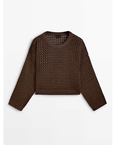 MASSIMO DUTTI Cropped Crochet Knit Sweater - Brown