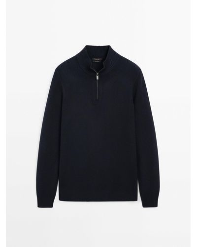 MASSIMO DUTTI Mock Neck Knit Sweater With A Zip - Blue