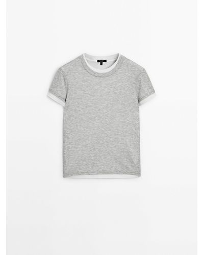 MASSIMO DUTTI Ribbed Double Short Sleeve T-Shirt - Gray