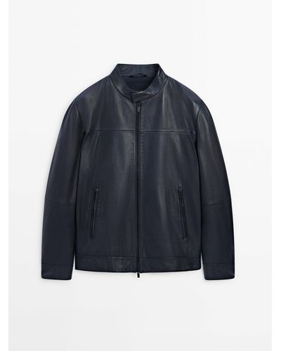 MASSIMO DUTTI Nappa Leather Jacket - Blue