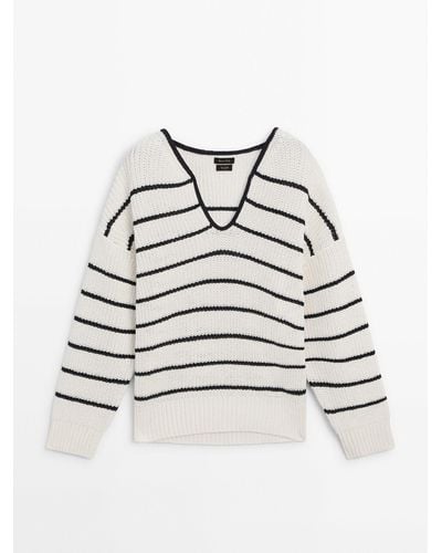 MASSIMO DUTTI Striped Purl-Knit V-Neck Sweater - White