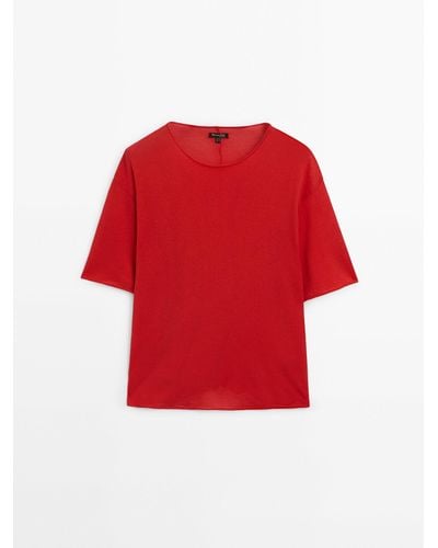 MASSIMO DUTTI Cotton T-Shirt With Central Seam Detail - Red