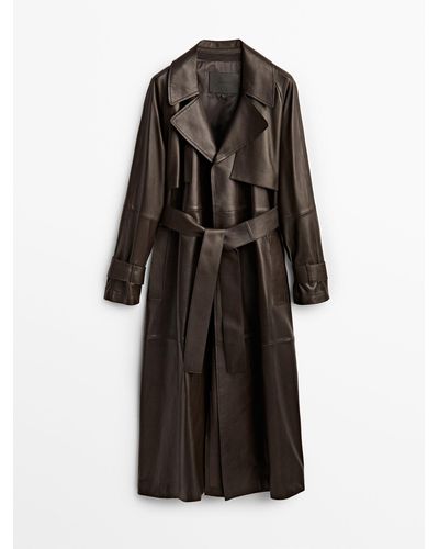 MASSIMO DUTTI Nappa Leather Trench-style Coat With Belt - Brown