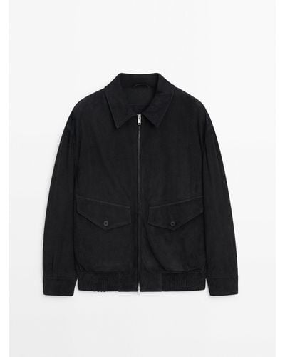 MASSIMO DUTTI Short Suede Leather Jacket - Black