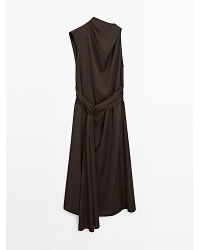 MASSIMO DUTTI Asymmetric Satin Dress With Tie Detail - Brown