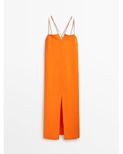 MASSIMO DUTTI Strappy Linen Blend Dress With Slit - Orange