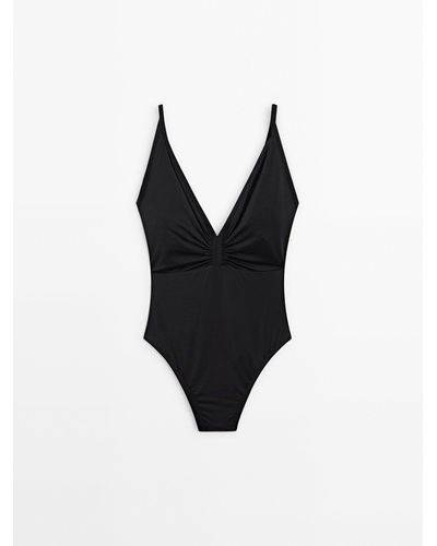 MASSIMO DUTTI V-Neck Swimsuit With Gathered Detail - Black