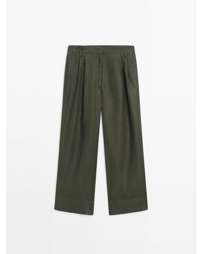 MASSIMO DUTTI 100% Linen Pants With Double Darts - Green
