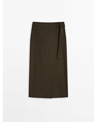 MASSIMO DUTTI Midi Pareo Skirt With Buckle - Green