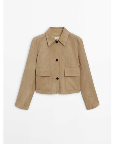 MASSIMO DUTTI Suede Leather Jacket With Pockets - Natural