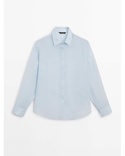MASSIMO DUTTI Ramie Blend Plain Shirt - Blue