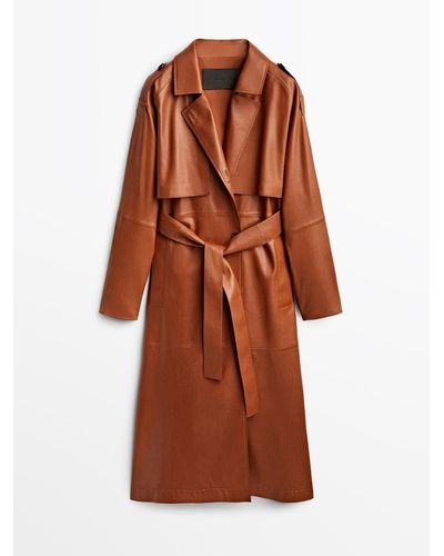 MASSIMO DUTTI Nappa Leather Trench Coat With Belt - Brown