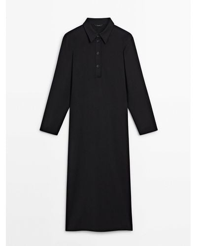 MASSIMO DUTTI Polo Collar Midi Dress With Slit - Black