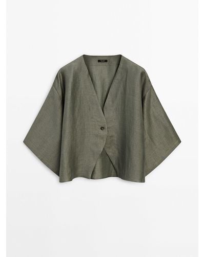 MASSIMO DUTTI Short Linen Blend Kimono - Green