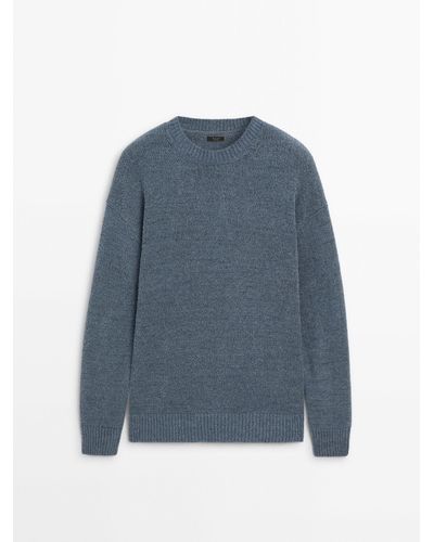 MASSIMO DUTTI Cotton Blend Knit Sweater With Crew Neck - Blue