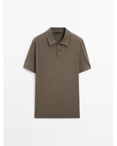 MASSIMO DUTTI Short Sleeve Cotton Polo Shirt - Gray