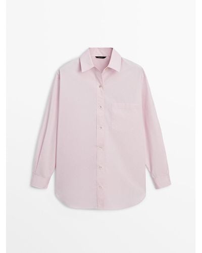 MASSIMO DUTTI 100% Cotton Poplin Shirt With Pocket - Pink