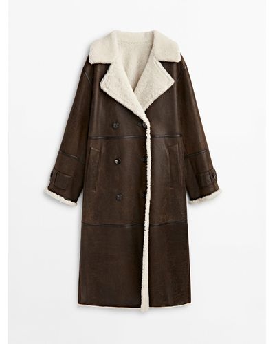 MASSIMO DUTTI Double-breasted Mouton Leather Coat - Brown