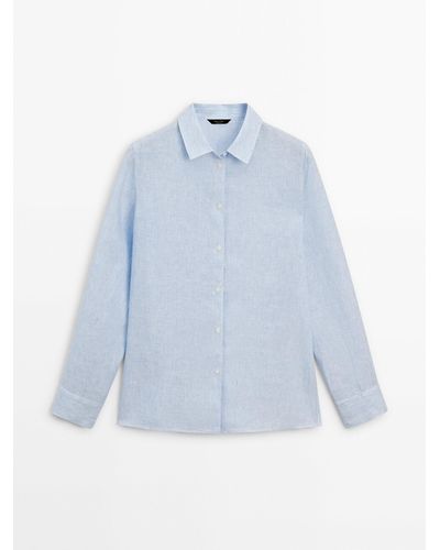 MASSIMO DUTTI 100% Linen Striped Shirt - Blue