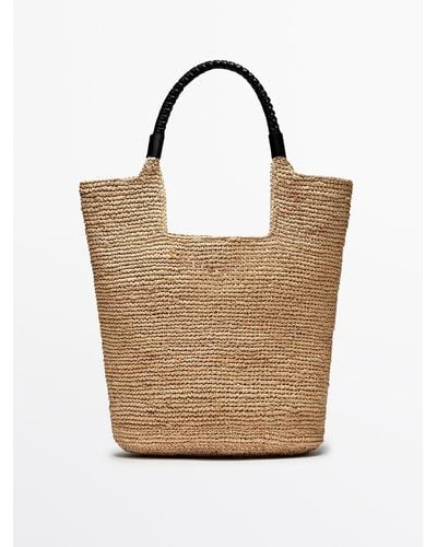MASSIMO DUTTI Raffia Tote Bag With Leather Strap - Natural