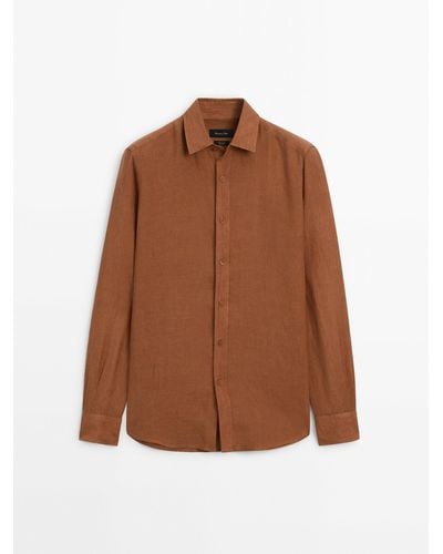 MASSIMO DUTTI Dyed Thread Regular Fit Linen Shirt - Brown