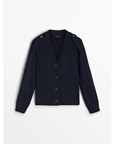 MASSIMO DUTTI Knit Cardigan With Buttoned Tab Detail - Blue