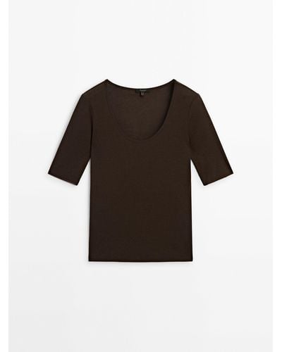 MASSIMO DUTTI Short Sleeve Cotton T-Shirt - Black