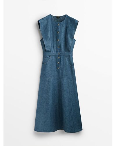 MASSIMO DUTTI Long Linen Denim Style Dress - Blue