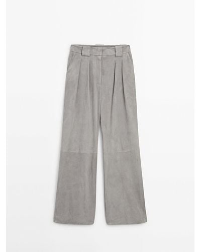 MASSIMO DUTTI Suede Leather Wide-Leg Darted Pants - Gray