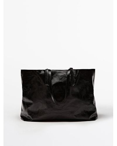 MASSIMO DUTTI Leather Tote Bag With A Crackled Finish - Black