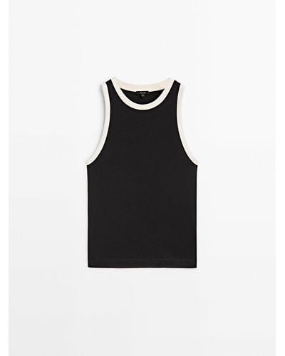 MASSIMO DUTTI Sleeveless Contrast T-Shirt - Black