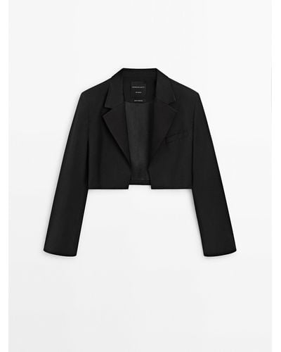 MASSIMO DUTTI Cropped Suit Blazer With Satin Lapels - Black