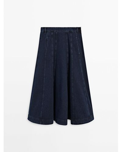 MASSIMO DUTTI Denim Flounce Midi Skirt With Seams - Blue