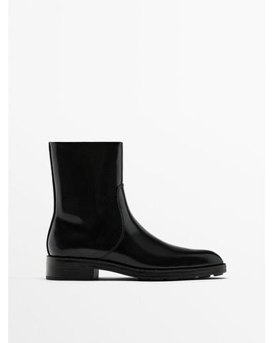MASSIMO DUTTI Flat Leather Ankle Boots - Black